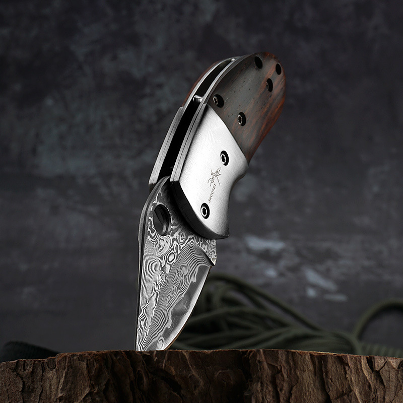New mini Damascus steel folding knife wood handle sleeves anti-body key pendant small knife spot skin-Taobao
