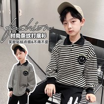 Tide brand boys tops 2022 autumn new middle and big childrens striped POLO long-sleeved boys autumn clothes childrens bottoming shirt