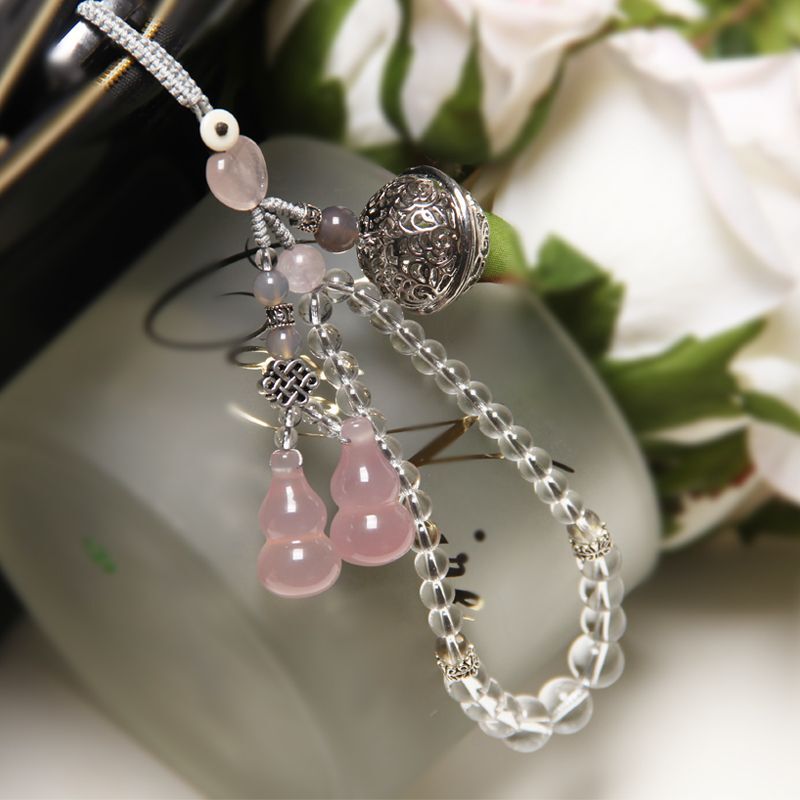 Pink Crystal Keychain Pink Crystal Jade Gourd Car Keychain Korean Cute Peach Heart Pendant Peach Blossom Handmade