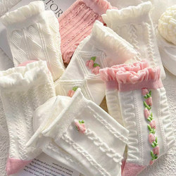 ຖົງຕີນສີຂາວຂອງແມ່ຍິງ lace summer pile socks ins trend mid-tube socks spring and summer cute Korean version jk stockings breathable