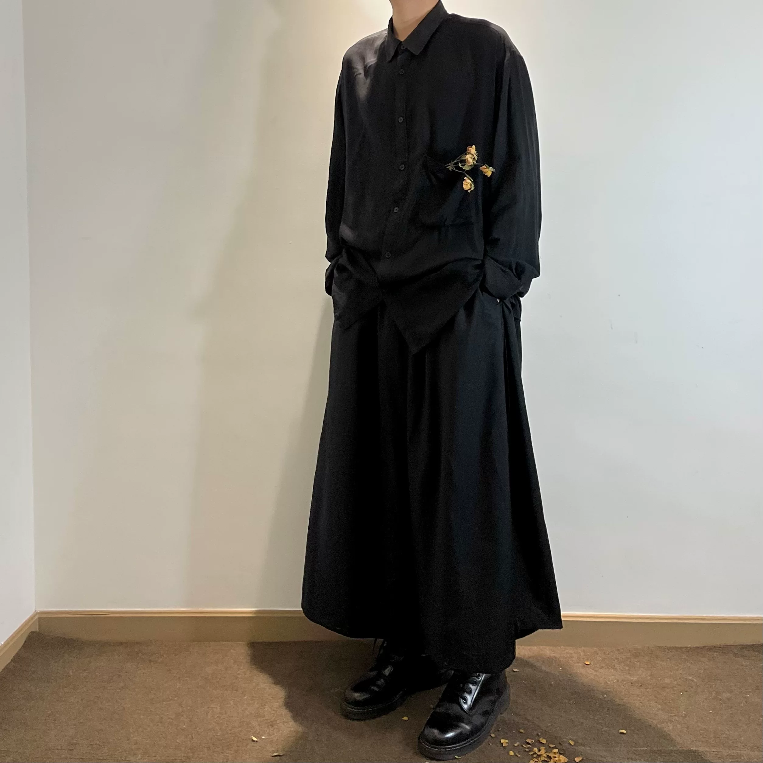 Автономный YOHJI Yamamoto темный черный Wind Main Line Soft Foundation Pure Black Bottom Fang Shirt