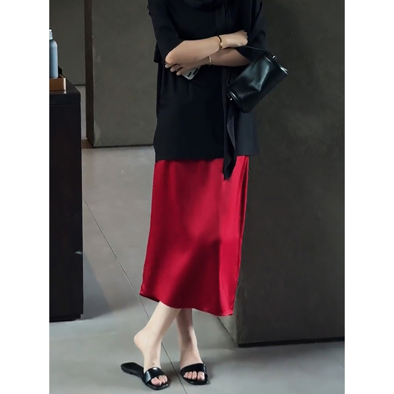 Red Satin Skirt for Women 2026 Summer New Style High-End Elegant Slimming Mid-Length Slit Straight Skirt