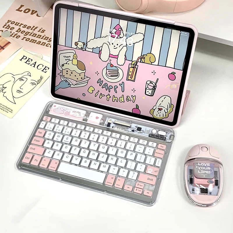 Tech Fish Wireless iPad Bluetooth Keyboard Ice Crystal Transparent Lightweight Rechargeable Suitable for Apple Huawei Lenovo Android Phones Tablets Silent Office Multi-Device System Mouse Set