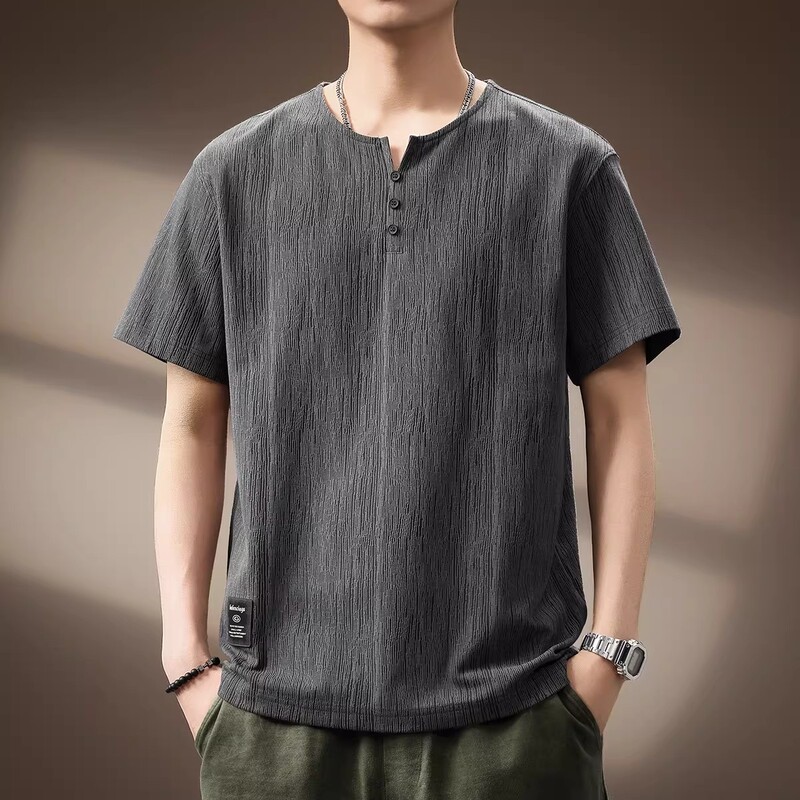 Lisa【Celebrity Style】British Bark Texture Short Sleeve T-Shirt for Men, Summer Loose Fit Henley Collar Top