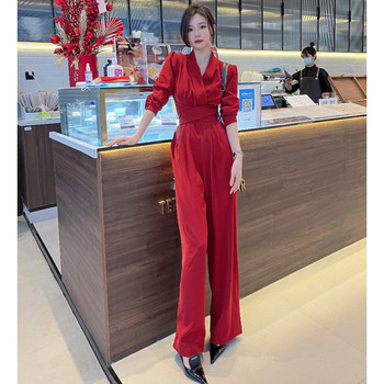 French style high-end one-piece wide-leg trousers women's spring net red jumpsuit pants temperament celebrity small fragrance suit