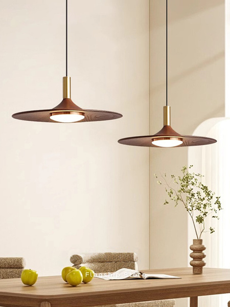 Vintage-Style Restaurant Pendant Light, Retro Three-Head Ufo Dining Table Bar Lamp, Japanese Wabi-Sabi Walnut Wood Grain Dining Room Lighting