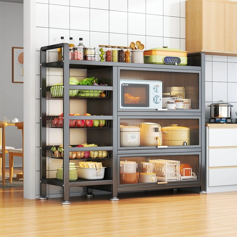 Kitchen Storage Rack, Multi-Functional, Large-Capacity, Floor-Standing, Multi-Layer Fruit and Vegetable Basket, Microwave Storage Cabinet