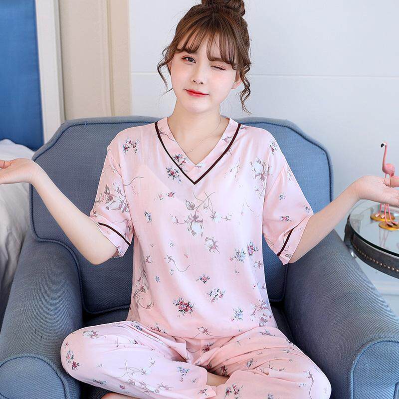 Spring and autumn cute cotton silk pajamas ladies summer pullovers can be worn outside suits short-sleeved trousers cotton silk thin home clothes