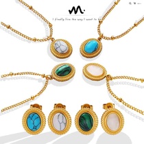 French bohemian personality fashion retro turquoise cats eye stone inlaid necklace earrings jewelry set wholesale for women