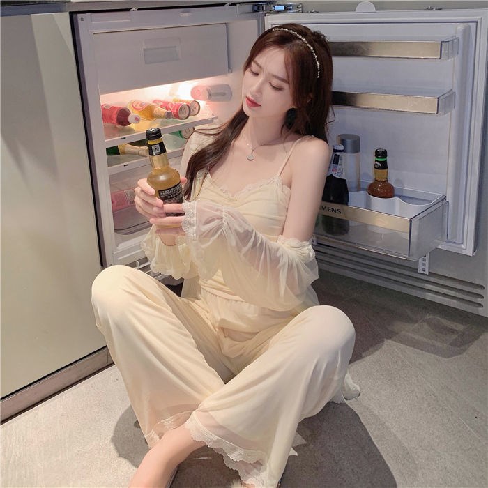 2021 Spring and autumn new pure desire wind pyjamas women's three sets of lace sexy harnesses fairy princess wind family conserved women