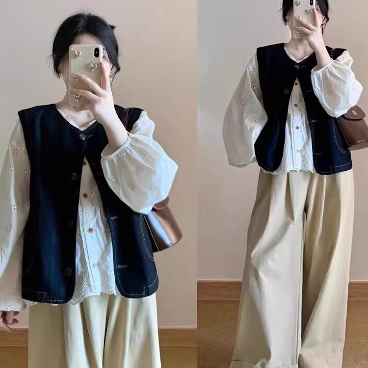 Early Autumn Outfit: a Complete Set of Retro Hollow-Out Layered Shirts, Sleeveless Vests, and Waistcoats, a Fashionable and Casual Three-Piece Set Early Autumn Outfit: a Complete Set of Retro Hollow-Out Layered Shirts, Sleeveless Vests, and Waistcoats, a Fashionable and Casual Three-Piece Set