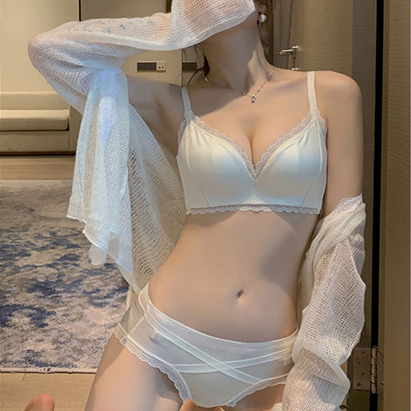 CK ιdk underwear women gather ultra-thin without steel ring big chest show small collars anti-sagging bra set satin summer