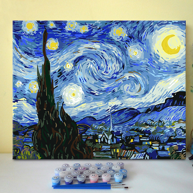 Star Moon Night Van High Stars Empty World Famous Painting Stuffed Propylene Fill Color Diy Digital Oil Painting Scenic Wheat Field Decorative Painting-Taobao