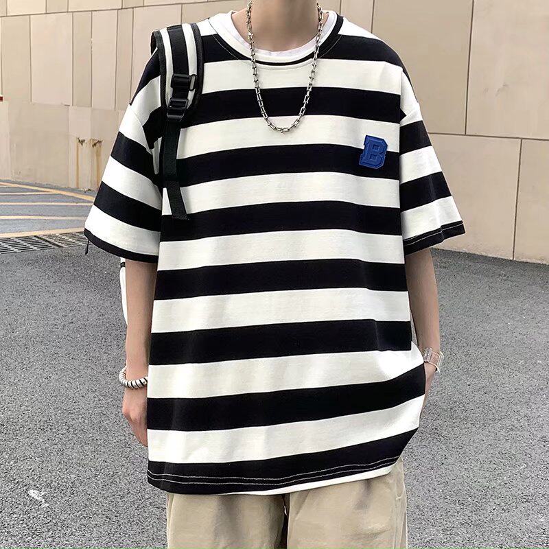 2022 summer new men's T-shirt loose trendy brand round neck ins Korean version trendy stripes all-match half-sleeved short-sleeved