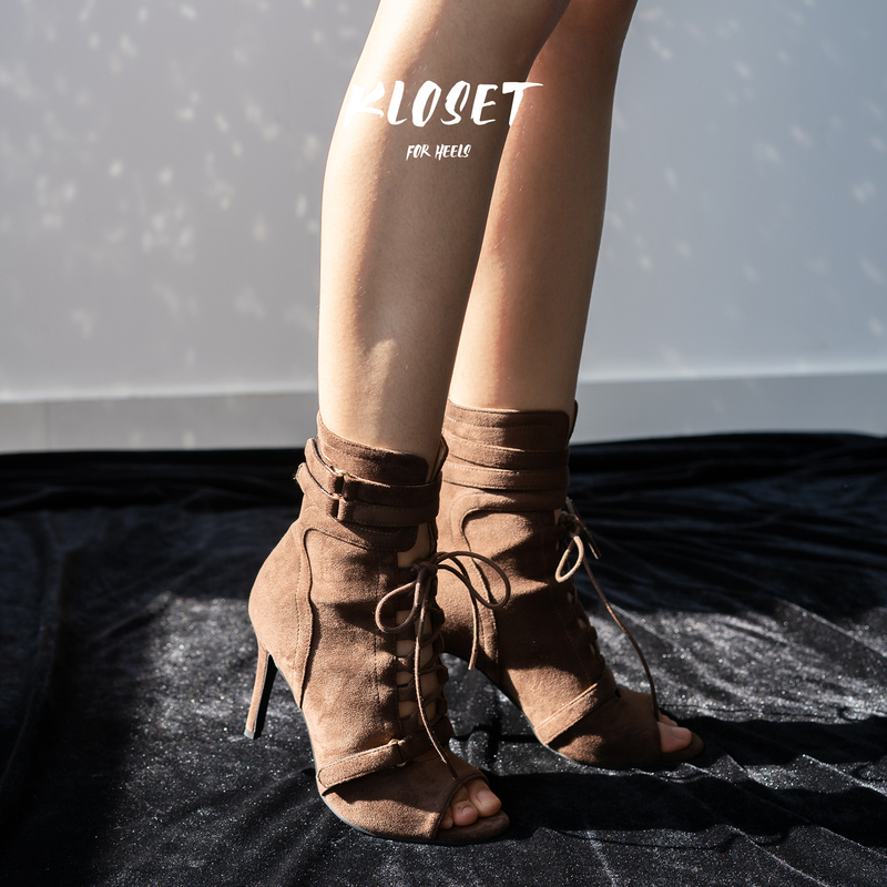 Original Coffee-Colored Lace-Up Peep-Toe Women's Jazz Dance Short Boots High Heels Sexy Heels Dance Shoes