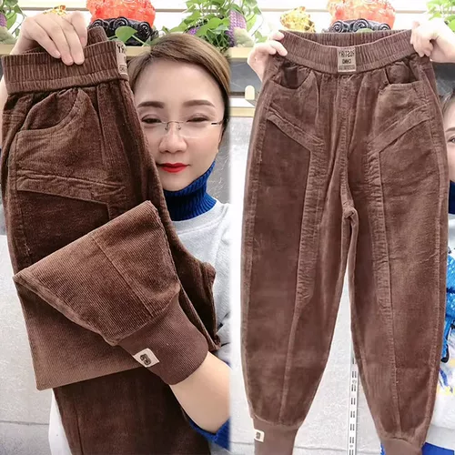 Вельветовые флисовые модные штаны для отдыха, подходит для полных девушек, большой размер, свободный крой, высокая талия
