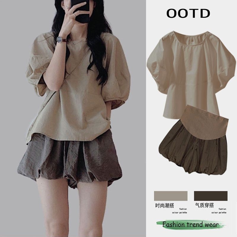 British Dhwa Maternity Summer Fashion Korean Style Design Shirt and Thin Shorts Two-Piece Set for Petite Women