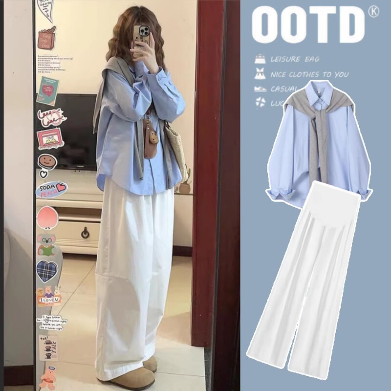 British Dhwa Casual Maternity Wear Spring and Summer Fashion Loose Shirt Top Shawl Wide-Leg Pants Three-Piece Set