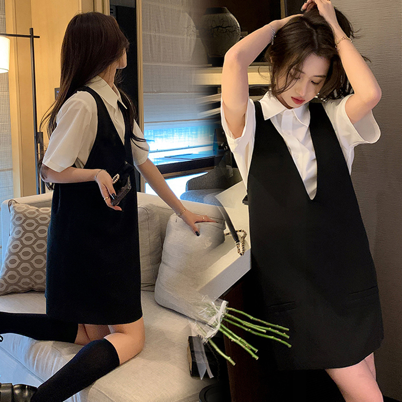 British Dhwa Maternity Dress Summer Suspender Skirt Shirt Top Two-Piece Set Mid-Length Maternity Wear