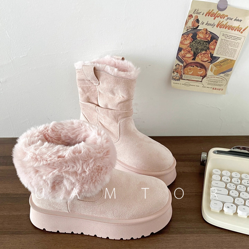 French Uamtor Pink Cuffed Plush Snow Boots for Women 2025 Winter Fleece-Lined Thick-Soled Warm Furry Short Boots