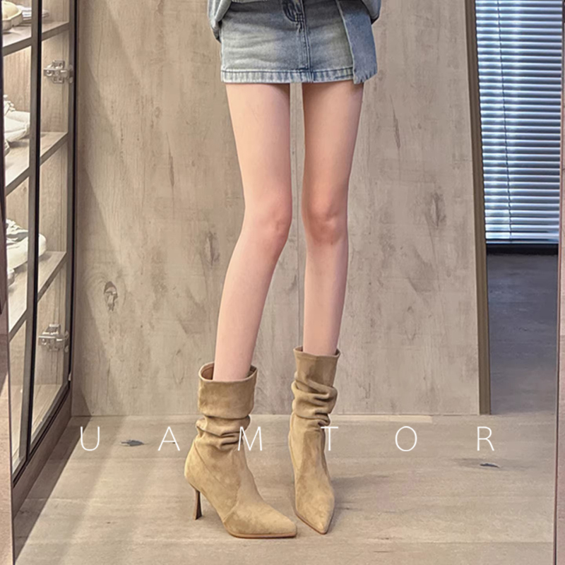 French Uamtor Pointed-Toe Stacked Boots for Women 2026 Summer Stiletto Heel Short Boots Western Cowboy Riding Boots