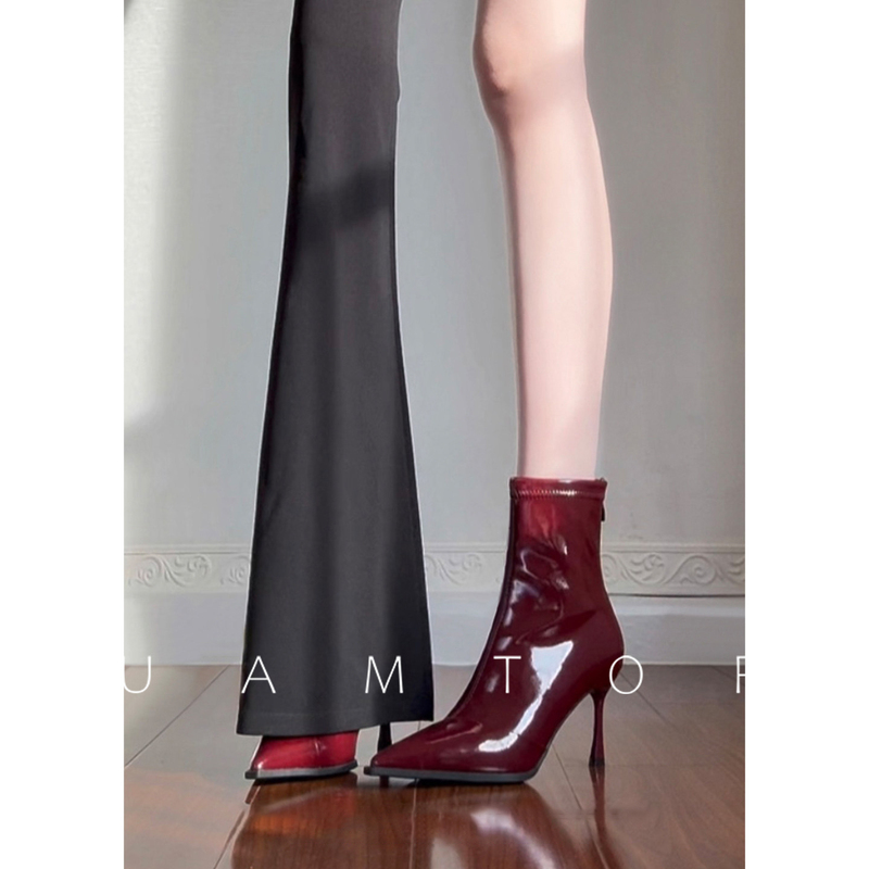 Uamtor Burgundy Pointed Toe Comfortable High-Heeled Short Boots for Women 2026 Autumn and Winter Retro Versatile Stiletto Slim Boots