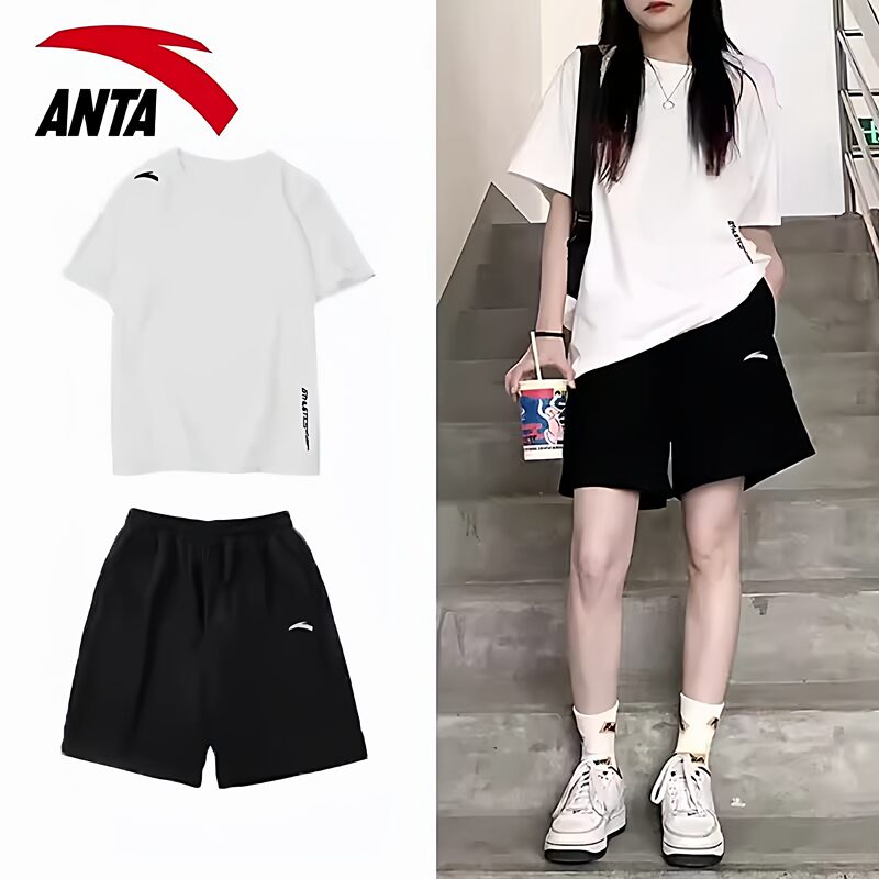Anta Sports Suit for Girls, New Summer Style Sweat-Absorbent Quick-Drying Clothes and Pants, Short-Sleeved Shorts, Running Fitness Clothes, Two-Piece Set