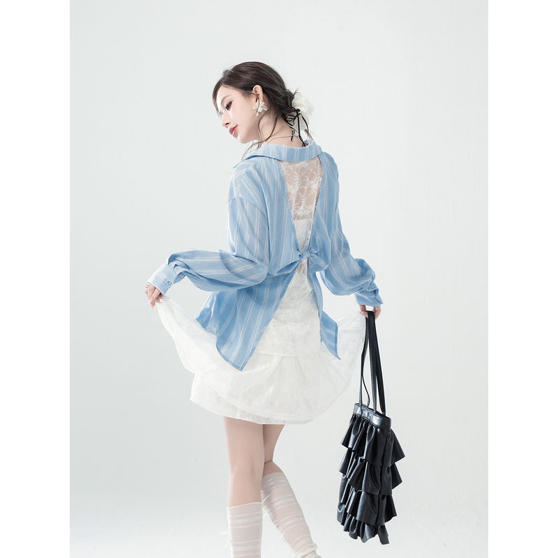 Oneofuuu Petite Evening Blue 2025 Spring Outfit Lace Blue Hollow Out Shirt Waist-Cinching Top