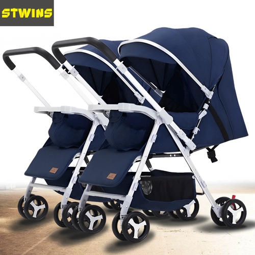 Коляска для близнецов с сидением, складная детская тележка для новорожденных для двоих, можно сидеть и лежать