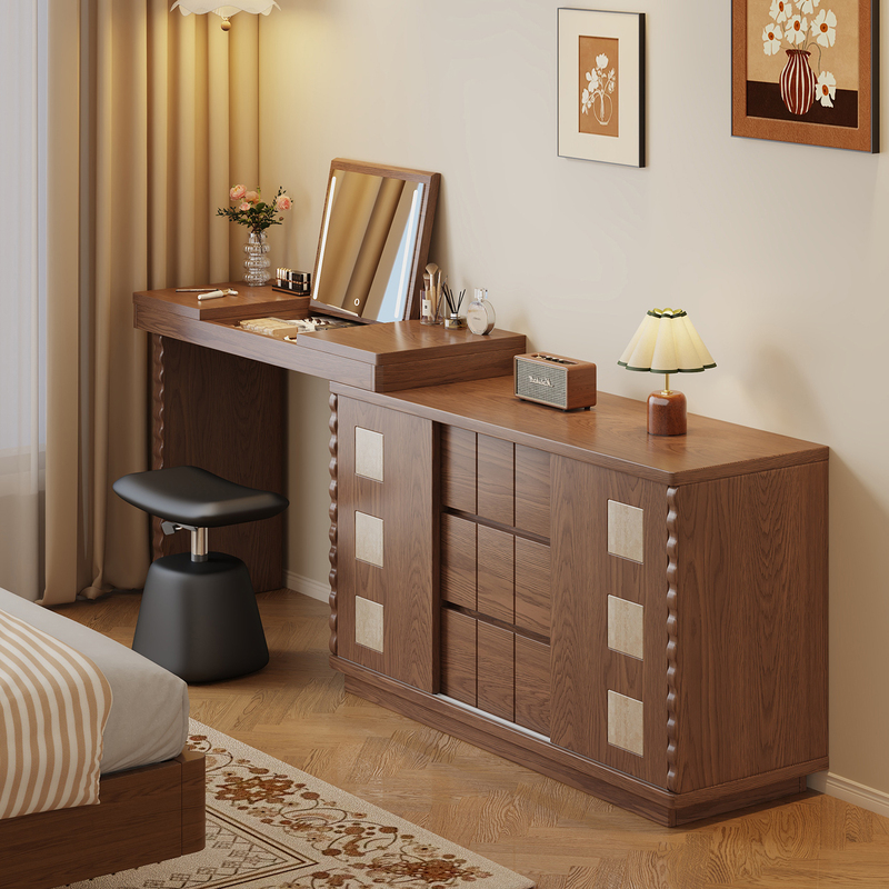 Flip-Top Dressing Table with Integrated Drawer Cabinet, New Sliding Door Bedroom High-End Corner Desk, Makeup Table, Solid Wood at the End of the Bed