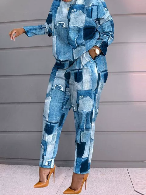 Women pants set 23 plus-size print patchwork long tracksuits