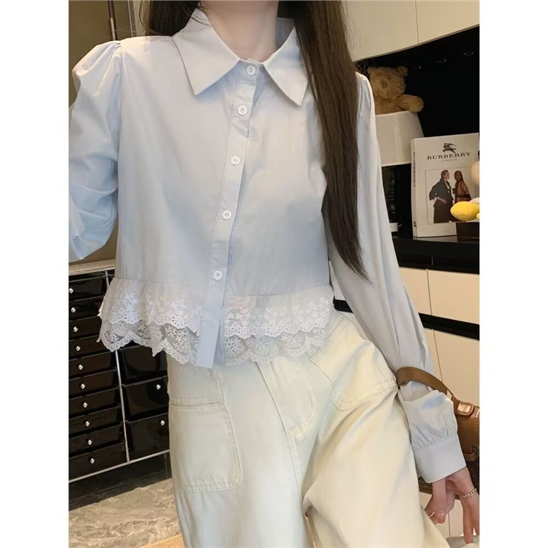 Blue New Style Lace Patchwork Design Niche Shirt French Style Spring Top