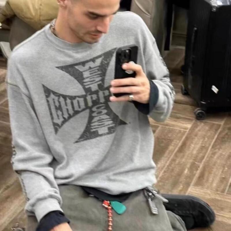 Erd Stylist West Coast Choppers Vintage Cross Sanskrit Gray Waffle Long Sleeve Tee