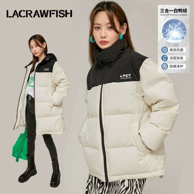 Lacrawfish Long/Short Style Color-Blocked Loose-Fitting White Duck down Jacket