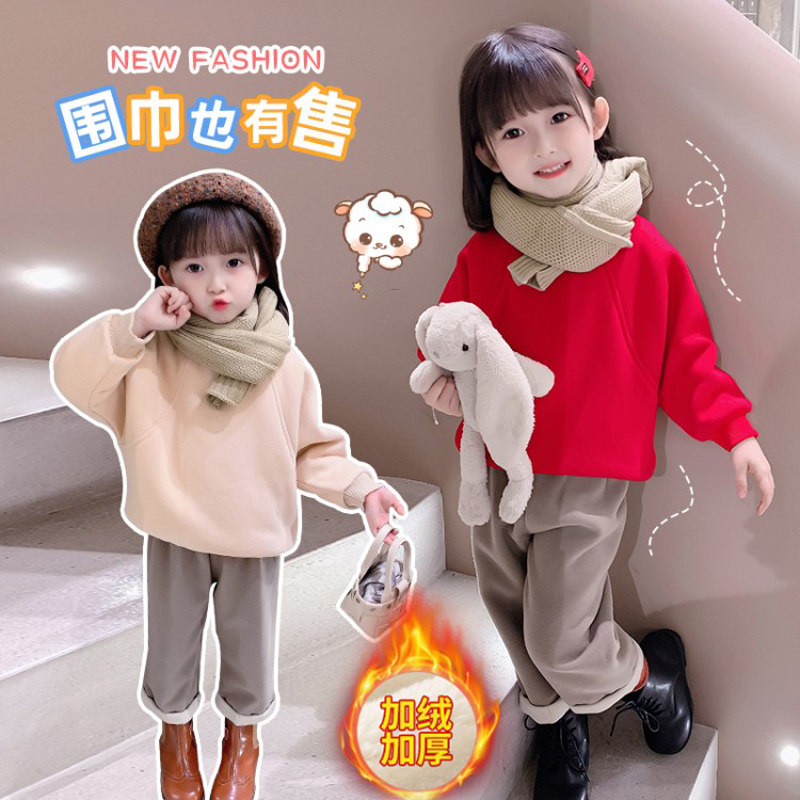 Children's suits plus velvet thick winter clothes new Western style solid color warm baby suits fashionable girls two-piece suit