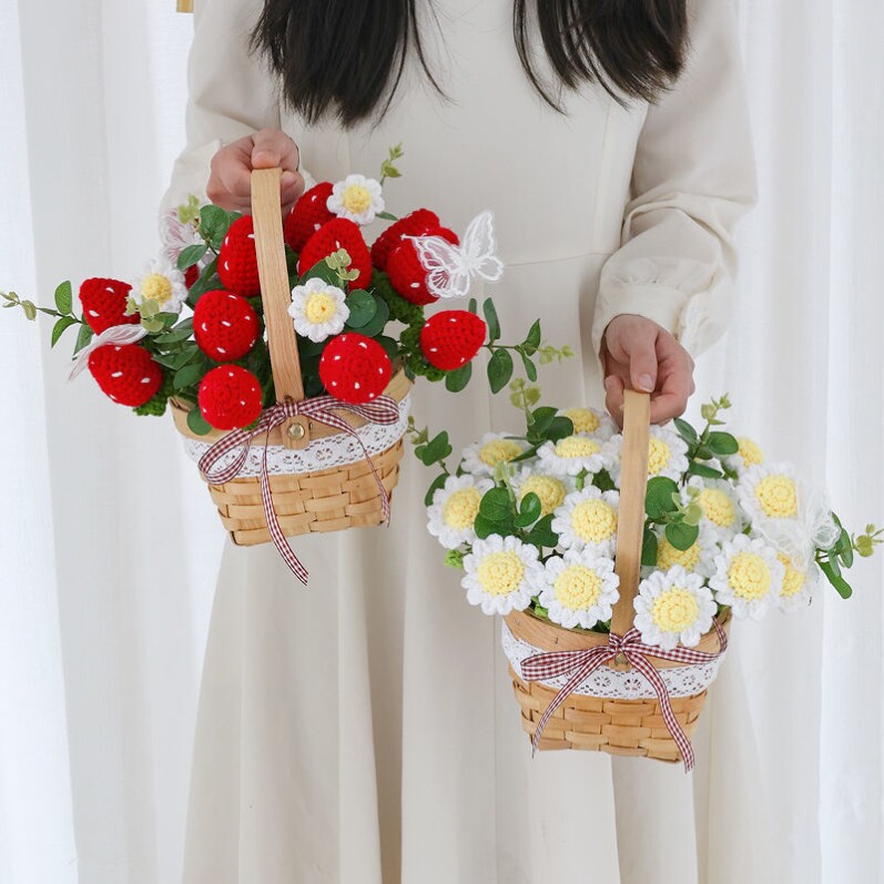 diy creative wool weaving strawberry daisy hand basket gift milk cotton homemade flower basket heart-warming gift