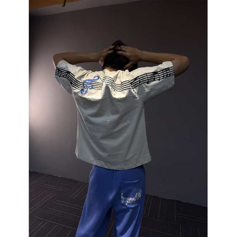 American Retro Musical Notation Embroidery Short-Sleeve T-Shirt for Men, Summer Design, Loose Fit, Couple's National Trend Brand Top