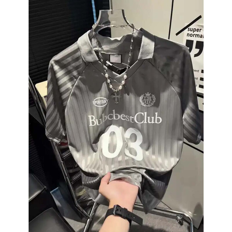 American-Style V-Neck Letter Print Jersey Short-Sleeved T-Shirt for Men, Summer Sports Style, Loose-Fitting Couple Youth Half-Sleeved Top
