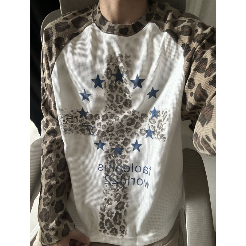 American High Street Style Leopard Print Raglan Sleeve Color-Blocking Long-Sleeve T-Shirt for Men, Spring and Autumn, Youthful Loose Fit Couple's Base Shirt Top