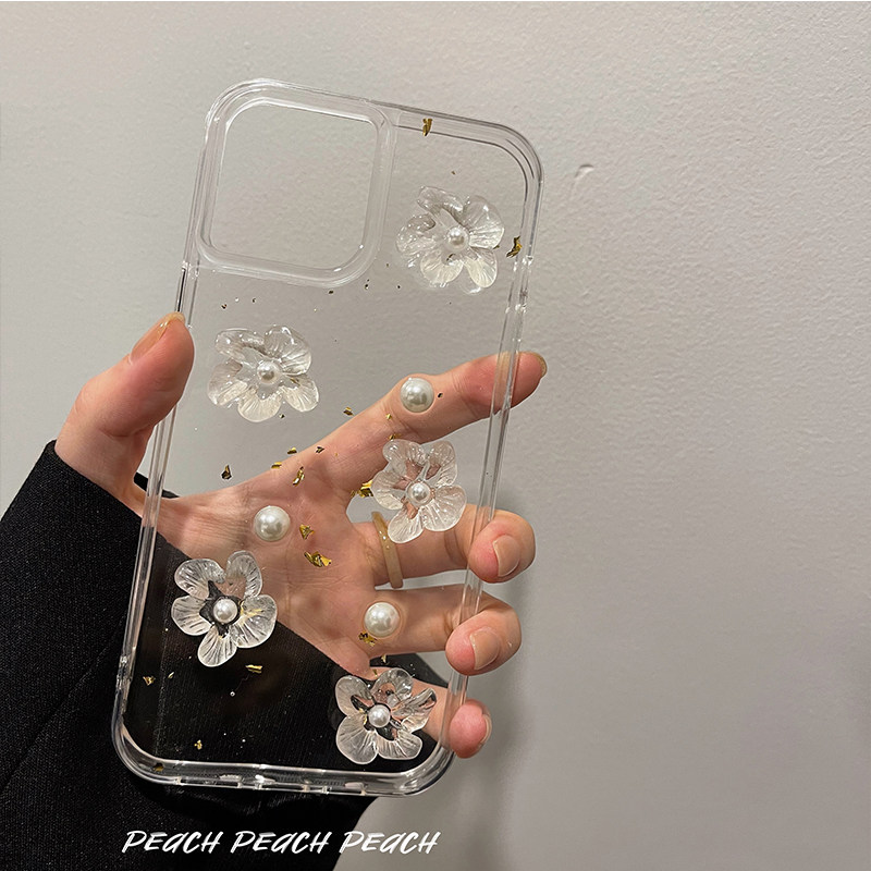 Peach shell Cubic pearl flowers iphone13 mobile phone protective shell suitable for apple 12 11promax protective sleeve x silicone xr female xsmax new 8plus transparent