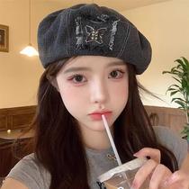 Korean metal butterfly patch denim beret womens spring and summer fashion versatile painters hat showing face small beret hat