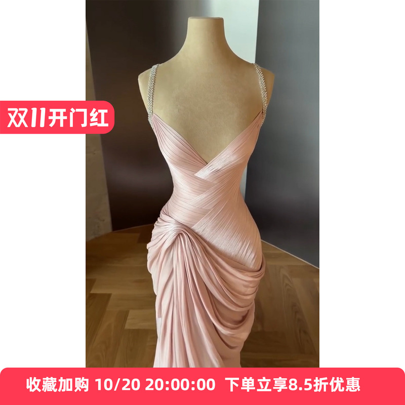 French-Style Satin Strapless Evening Dress with a Cinched Waist and Pleated Design, Elegant for Annual Parties, Engagements, Birthday Parties, and Dinner Events