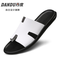 Summer big code slippers male word trailing genuine leather Soft bottom net red personality tide drag outdoor wearing non-slip beach sandals