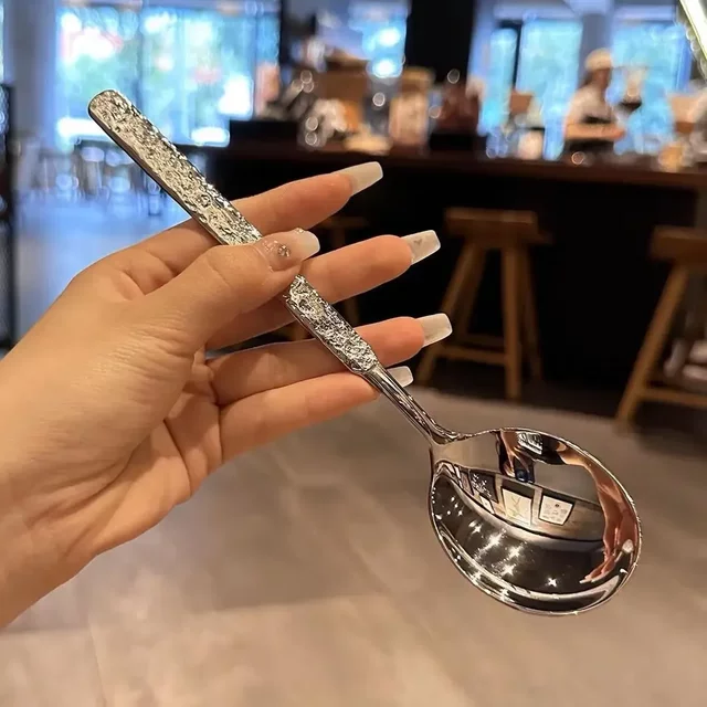 Internet Celebrity Ice Pattern Spoon Thickeneded Stainless Steel Household Adult Rice Spoon Long Handle Spoon Eating Western Food Spoon Spoon