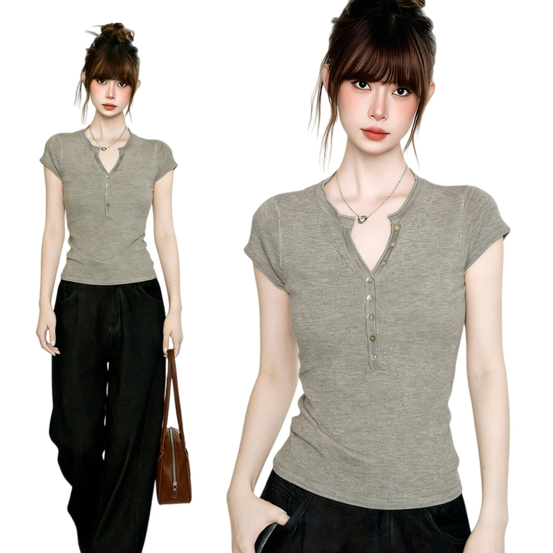 American-Style Spicy Girl Half-Open Collar Slightly Sheer Regular Shoulder Short-Sleeve T-Shirt for Women, Summer High-End Slim-Fit Henry Collar Top