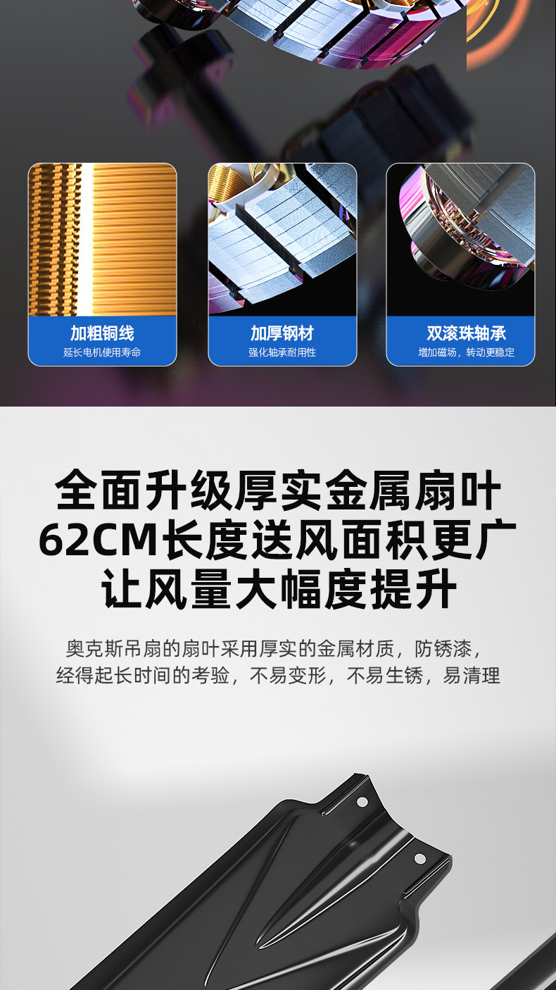 Потолочный вентилятор 奥克斯吊扇家用电风扇客厅工业大风力商用遥控悬吊式天花板风扇加长五叶 AUX