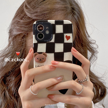 Apple 13 mobile phone shell Korean ins chessboard bear iPhone12promax autumn and winter new cute suitable for women