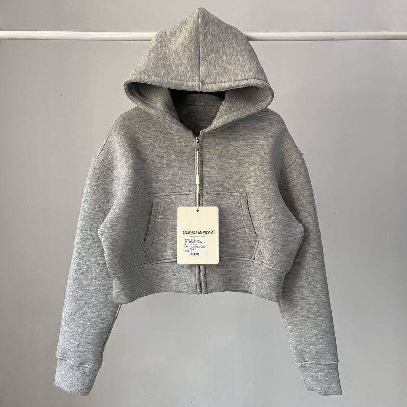 2025 Trendy American Style Spicy Girl Solid Color Air Layer Material Loose Hooded Sweatshirt for Women Spring and Autumn Sports Crop Top