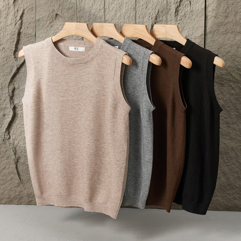 Autumn Sleeveless Sweater Vest for Men, Round Neck, Loose Fit, Solid Color, Simple and Versatile, Korean Style Knitted Vest, Trendy