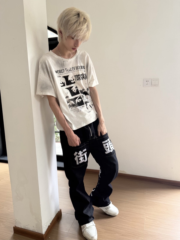 【Torn Rain】26Ss Memories Emerge “Hor Ror” Crew Neck Short Wide Brushed Distressed Short Sleeve